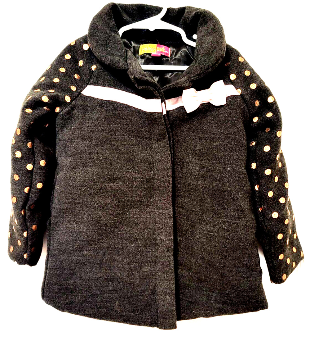 PENELOPE MACK Girls Jacket Size 4T Gray with Gold Polka Dots Pink Bows and Trim